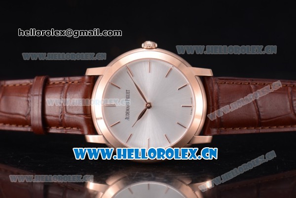 Audemars Piguet Jules Audemars Clone AP Calibre 3120 Automatic Rose Gold Case with Stick Markers Silver Dial and Brown Leather Strap - Click Image to Close